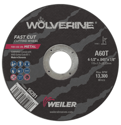Show details for 4-1/2" x .045" Wolverine Type 1 Cutting Wheel, A60T, 7/8" Arbor Hole Picture of 4-1/2" x .045" Wolverine Type 1 Cutting Wheel, A60T, 7/8" Arbor Hole