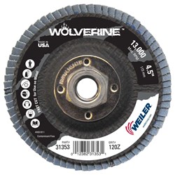 Show details for 4-1/2" Wolverine Abrasive Flap Disc, Conical (TY29), Phenolic Backing, 120Z, 5/8"-11 UNC Nut Picture of 4-1/2" Wolverine Abrasive Flap Disc, Conical (TY29), Phenolic Backing, 120Z, 5/8"-11 UNC Nut