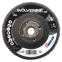 Show details for 4-1/2" Wolverine High Density Flap Disc, Flat (TY27), Phenolic Backing, 40Z, 5/8"-11  UNC Nut Picture of 4-1/2" Wolverine High Density Flap Disc, Flat (TY27), Phenolic Backing, 40Z, 5/8"-11  UNC Nut