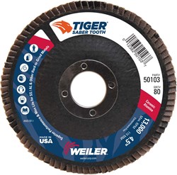 Show details for 4-1/2" Tiger Ceramic Abrasive Flap Disc, Conical (TY29), Phenolic Backing, 80C, 7/8" Arbor Hole Picture of 4-1/2" Tiger Ceramic Abrasive Flap Disc, Conical (TY29), Phenolic Backing, 80C, 7/8" Arbor Hole