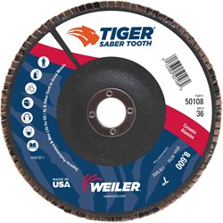 Show details for 7" Tiger Ceramic Abrasive Flap Disc, Conical (TY29), Phenolic Backing, 36C, 7/8" Arbor Hole Picture of 7" Tiger Ceramic Abrasive Flap Disc, Conical (TY29), Phenolic Backing, 36C, 7/8" Arbor Hole