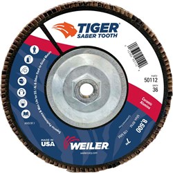 Show details for 7" Tiger Ceramic Abrasive Flap Disc, Conical (TY29), Phenolic Backing, 36C, 5/8"-11 UNC Nut Picture of 7" Tiger Ceramic Abrasive Flap Disc, Conical (TY29), Phenolic Backing, 36C, 5/8"-11 UNC Nut