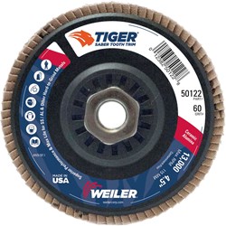 Show details for 4-1/2" Tiger Ceramic Abrasive Flap Disc,Conical (TY29),Trimmable, 60C, 5/8"-11 UNC Nut Picture of 4-1/2" Tiger Ceramic Abrasive Flap Disc,Conical (TY29),Trimmable, 60C, 5/8"-11 UNC Nut