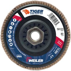 Show details for 4-1/2" Tiger Ceramic Abrasive Flap Disc,Conical (TY29),Trimmable, 80C, 5/8"-11 UNC Nut Picture of 4-1/2" Tiger Ceramic Abrasive Flap Disc,Conical (TY29),Trimmable, 80C, 5/8"-11 UNC Nut