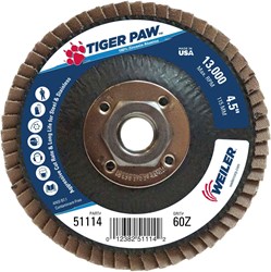 Show details for 4-1/2" Tiger Paw Abrasive Flap Disc, Flat (TY27), Phenolic Backing, 60Z, 5/8"-11 UNC Nut Picture of 4-1/2" Tiger Paw Abrasive Flap Disc, Flat (TY27), Phenolic Backing, 60Z, 5/8"-11 UNC Nut