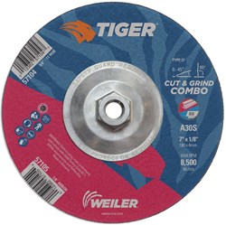 Show details for 7" x 1/8" TIGER AO Type 27 Cut/Grind Combo Wheel, A30S, 5/8"-11 Nut Picture of 7" x 1/8" TIGER AO Type 27 Cut/Grind Combo Wheel, A30S, 5/8"-11 Nut