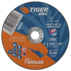 Show details for 3" x .035" Tiger Zirc Type 1 Cutting Wheel, Z60T, 3/8" Arbor Hole Picture of 3" x .035" Tiger Zirc Type 1 Cutting Wheel, Z60T, 3/8" Arbor Hole