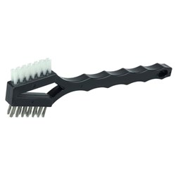 Show details for Double Sided V-Shape Scratch Brush, .006 SS & .016 White Nylon Fill, Plastic Block, 3 x 7 Rows Picture of Double Sided V-Shape Scratch Brush, .006 SS & .016 White Nylon Fill, Plastic Block, 3 x 7 Rows