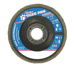 Show details for 4-1/2" Tiger Paw Flap Disc, Conical (TY29), Phenolic Backing, 60z, 7/8" Arbor Hole, Vending Ready Picture of 4-1/2" Tiger Paw Flap Disc, Conical (TY29), Phenolic Backing, 60z, 7/8" Arbor Hole, Vending Ready