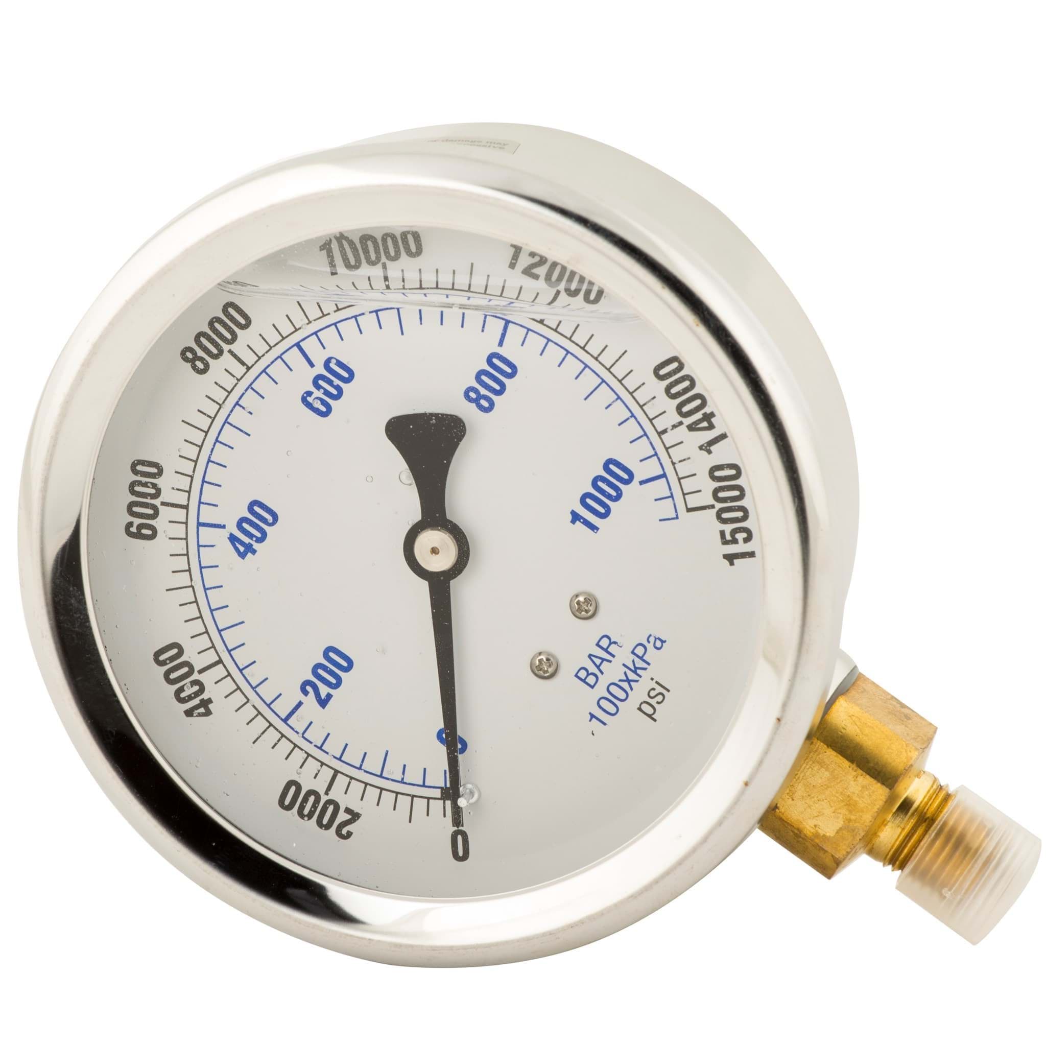 Picture of Gauge Pressure 4" Face Glycerin Filled 0-15,000 PSI 1/4"-18 NPTF