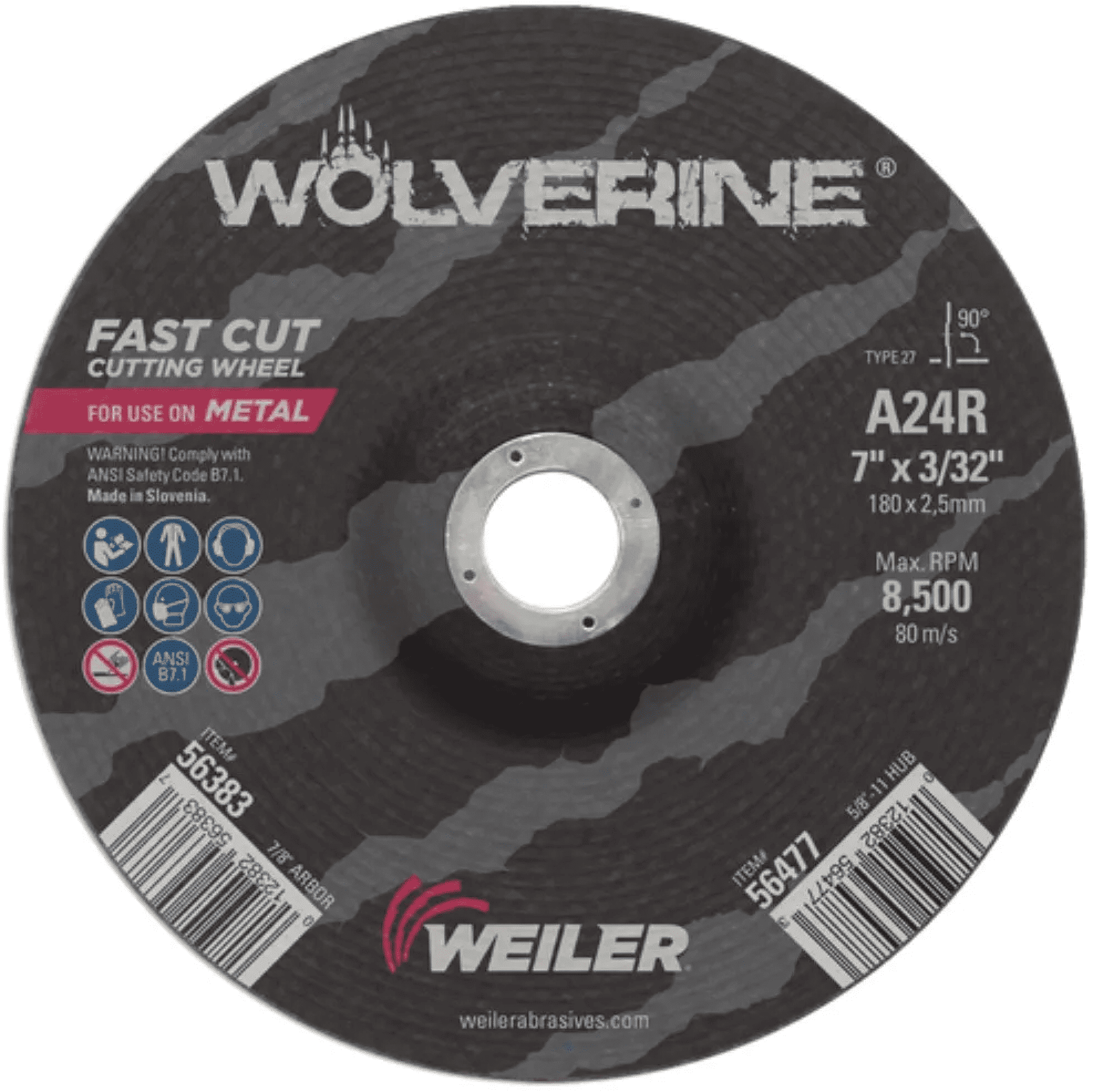 Picture of 7" x 3/32" Wolverine Type 27 Cutting Wheel, A24R, 7/8" Arbor Hole
