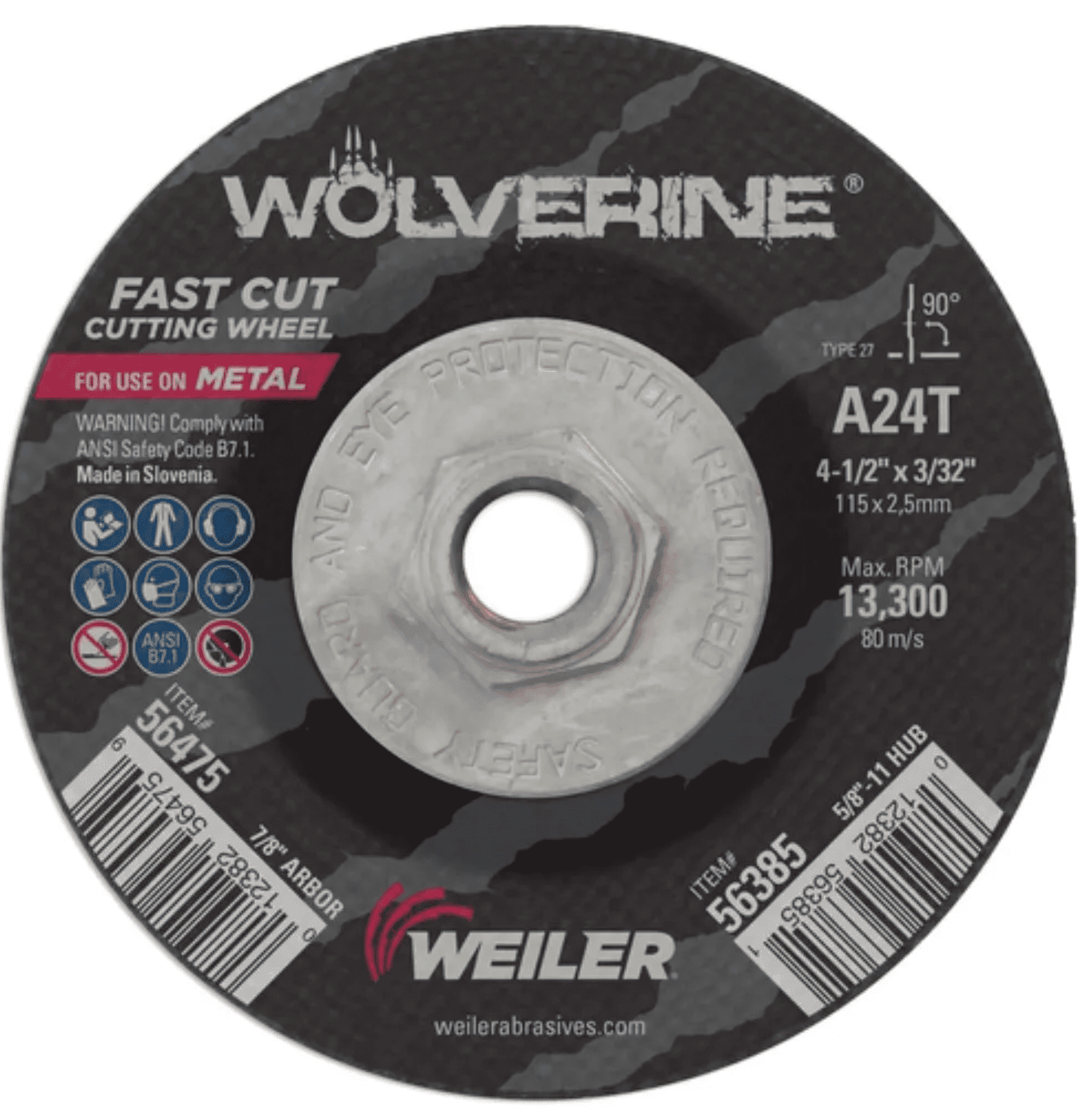 Picture of 4-1/2" x 3/32" Wolverine Type 27 Cutting Wheel, A24T, 5/8"-11 Nut