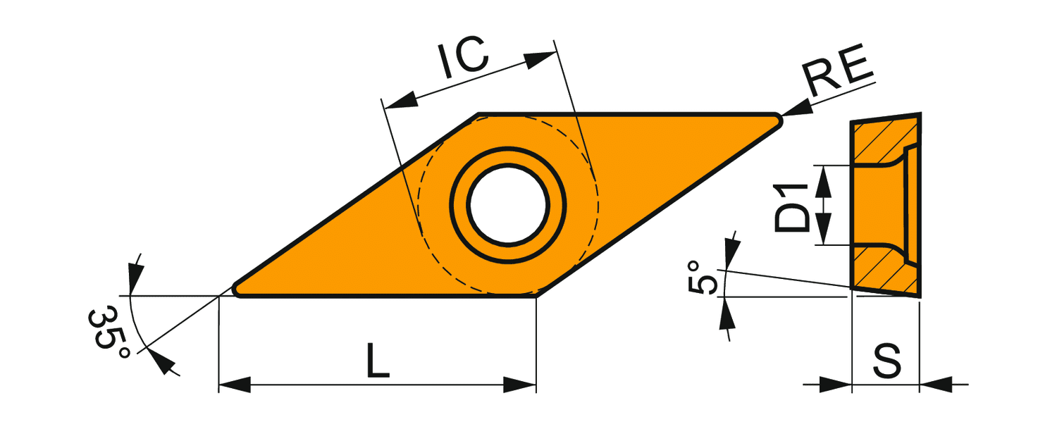 Picture of Sg-Side Pos Turning Insert, 35° Rhomboid with 5° Clear, ICD of 3/8", 3/16" Thick, 1/64" NR