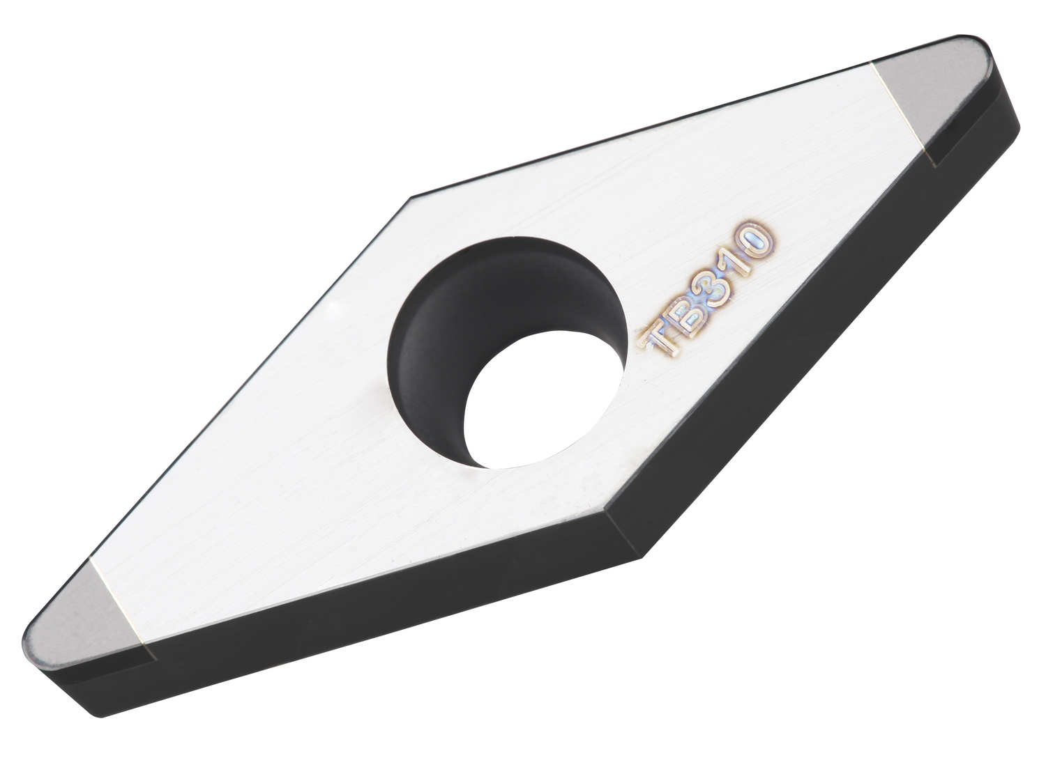 Picture of Insert for Hard Turning with 2 CBN Corners, 35° Rhomboid with 5° Clear, ICD of 3/8", 3/16" Thick, 1/64" NR