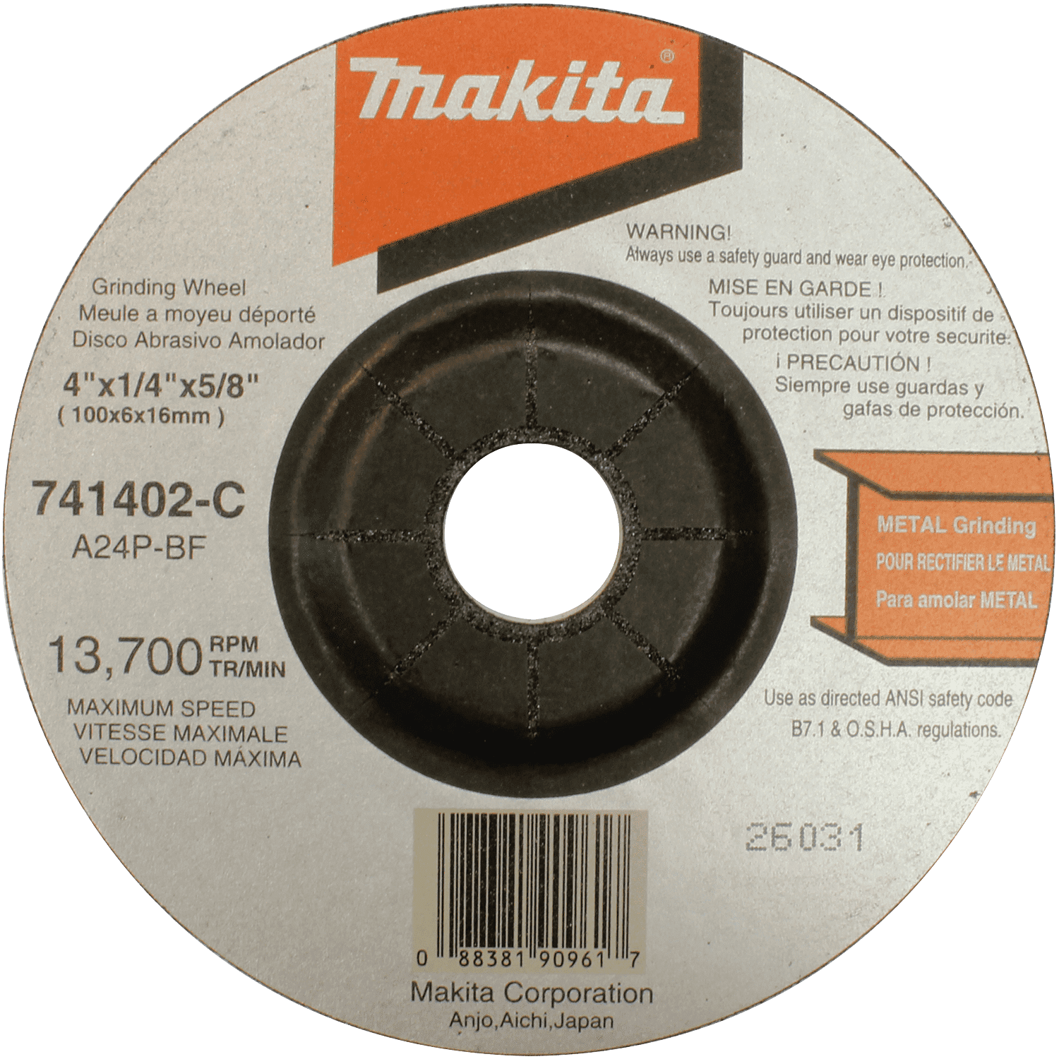 Picture of 4" x 5/8" x 1/4" Grinding Wheel, 24 Grit, General Purpose Metal, 5/pk