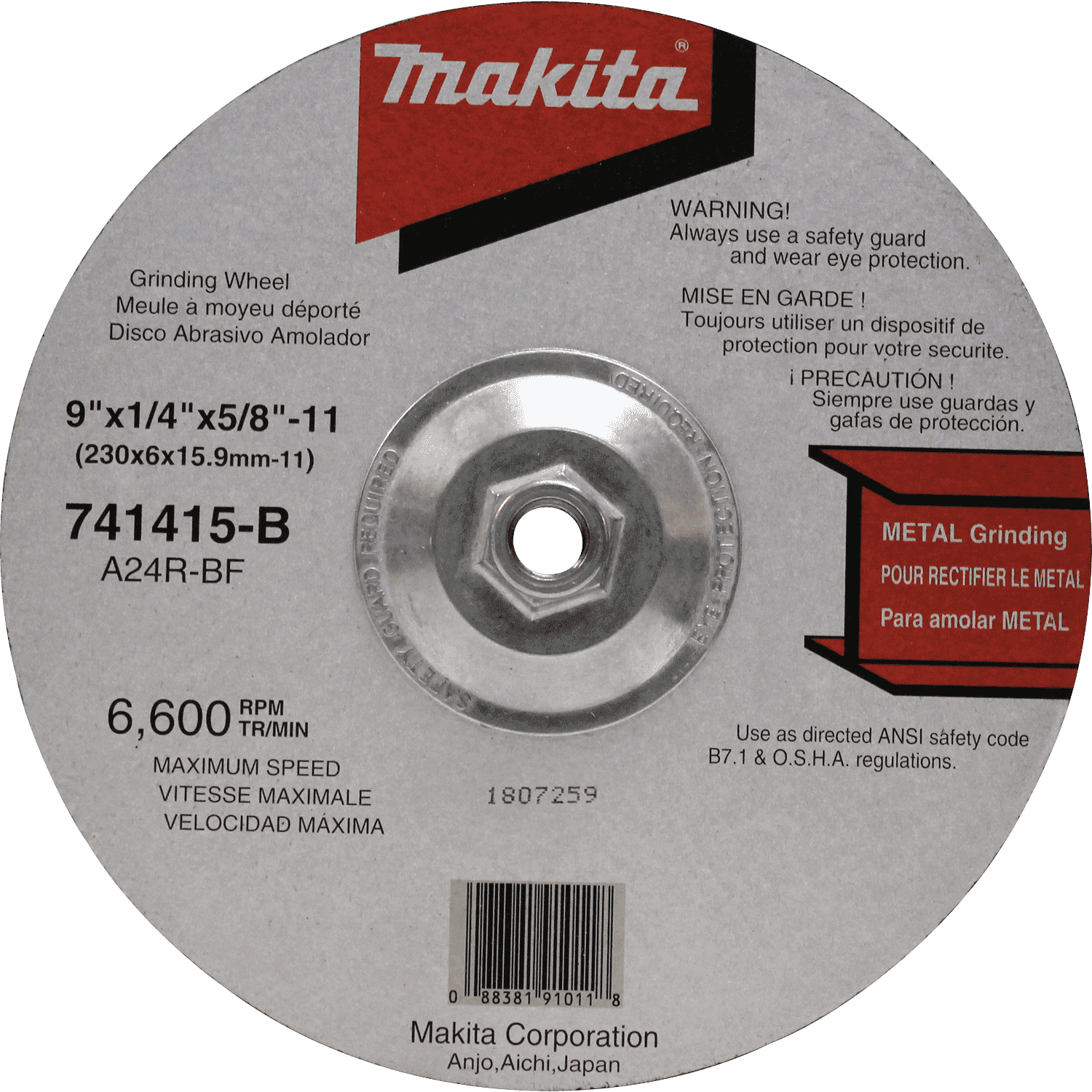 Picture of 9" x 5/8"-11 x 1/4" Hubbed Grinding Wheel, 24 Grit, 10/pk