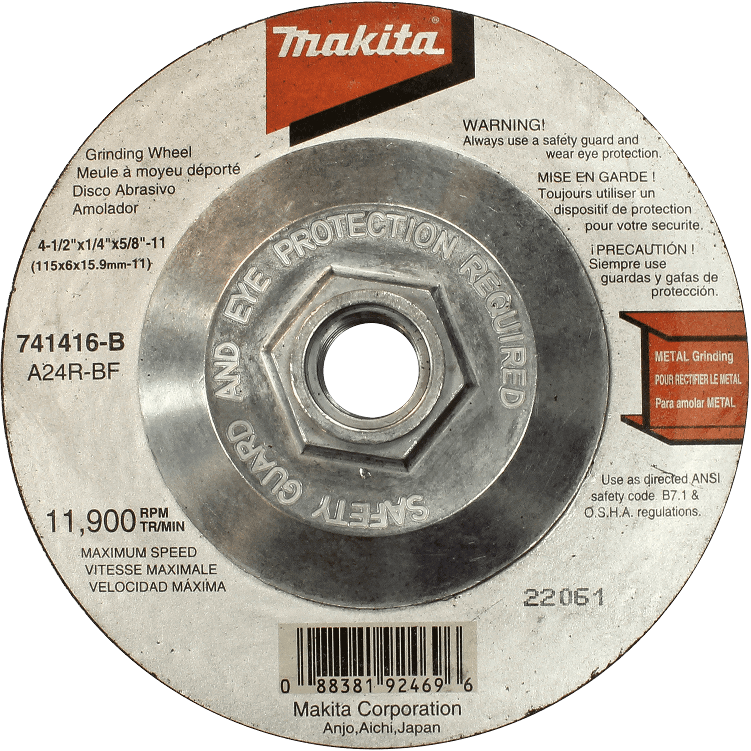 Picture of 4-1/2" x 5/8"-11 x 1/4" Hubbed Grinding Wheel, 24 Grit, 10/pk