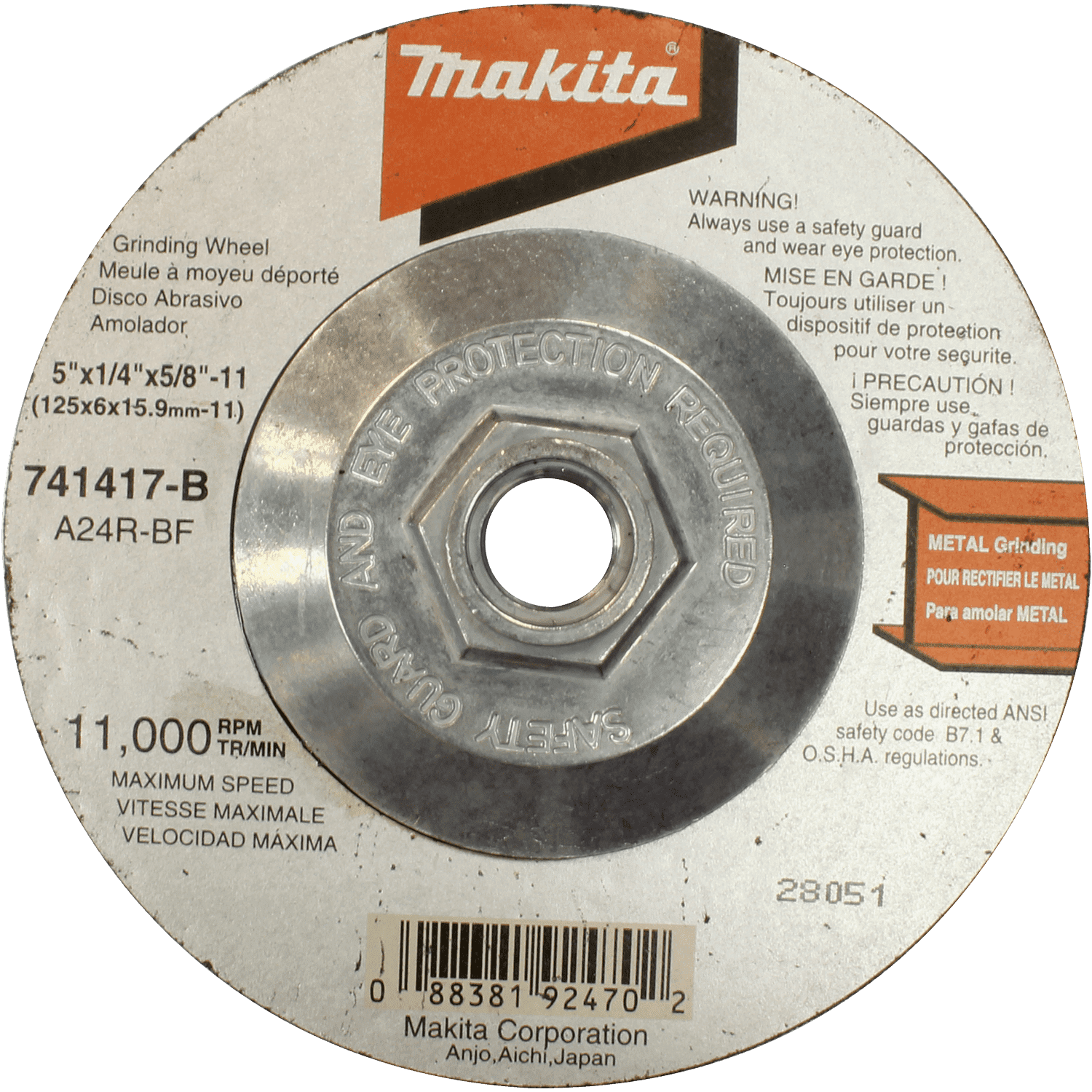 Picture of 5" x 5/8"-11 x 1/4" Hubbed Grinding Wheel, 24 Grit, 10/pk
