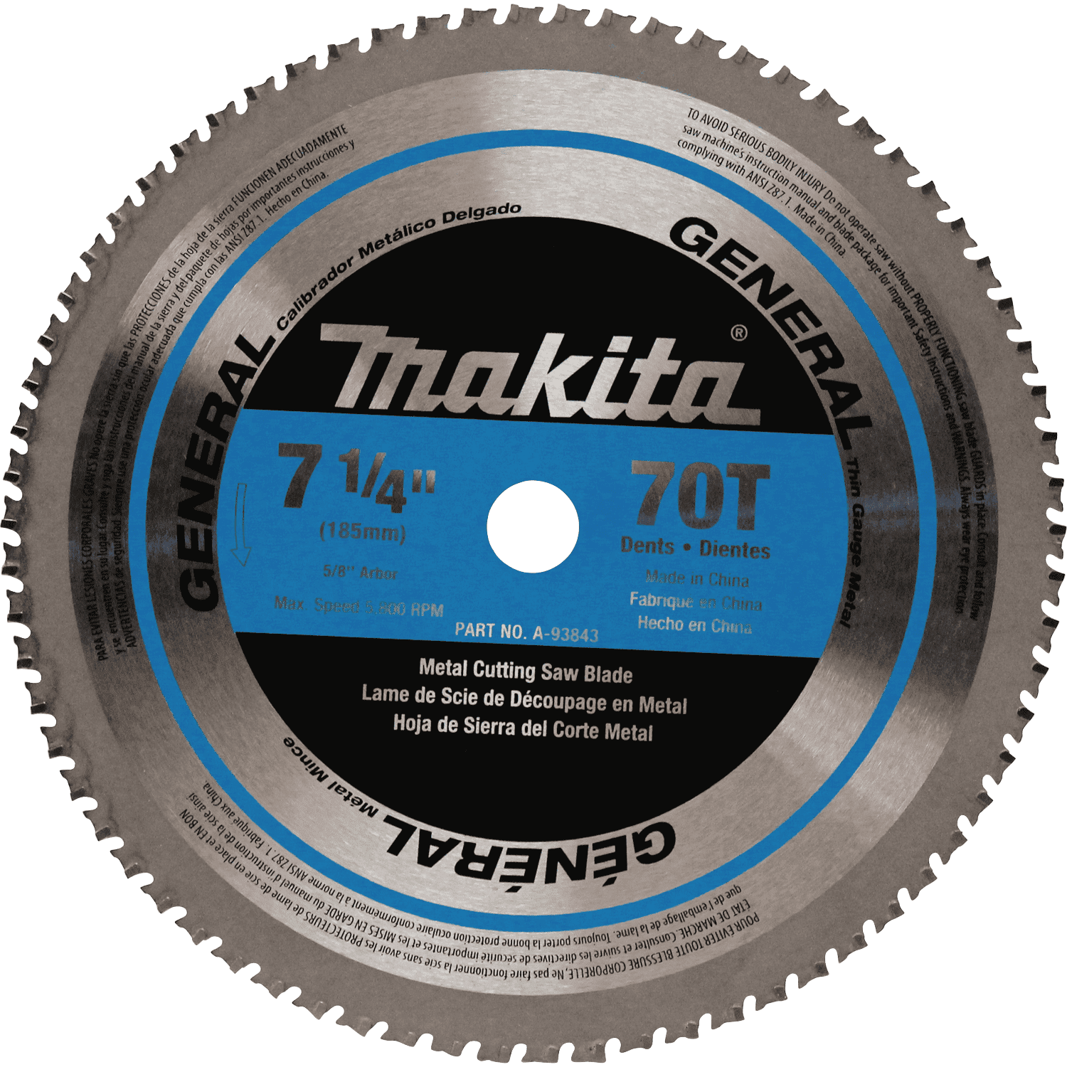 Picture of 7-1/4" 70T Carbide-Tipped Saw Blade, Ferrous Metal, Thin Gauge (In.)