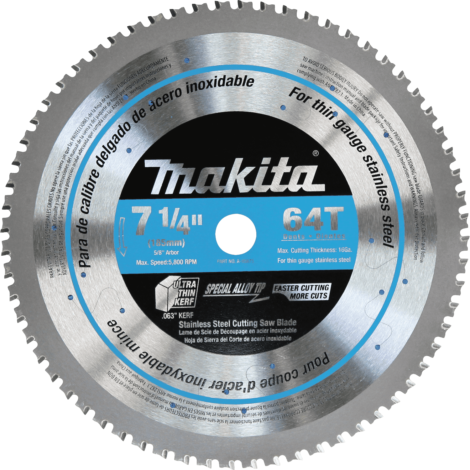Picture of 7-1/4" 64T Carbide-Tipped Saw Blade, Stainless Steel, Thin Gauge (In.)