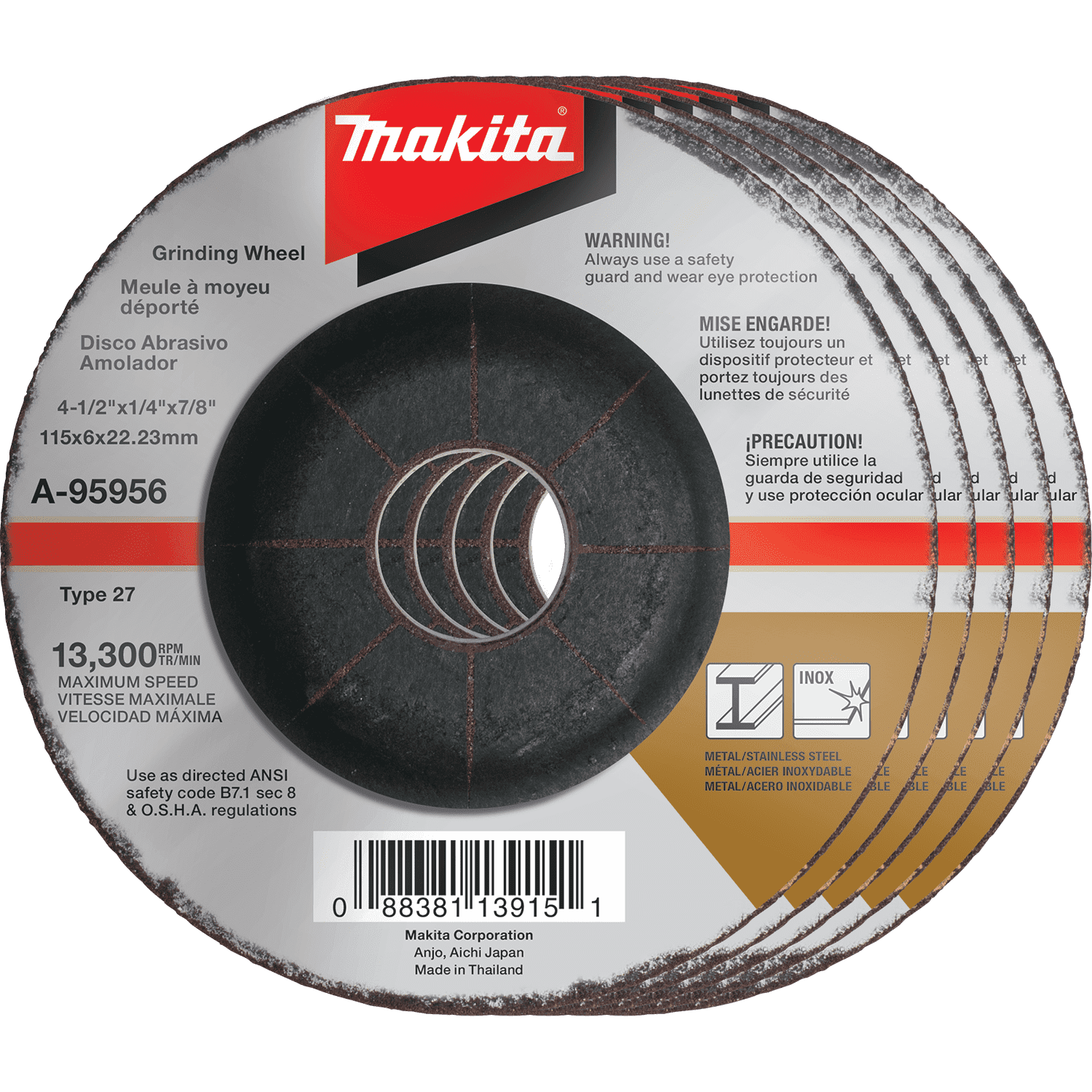 Picture of 4-1/2" x 1/4" x 7/8" INOX Grinding Wheel, 36 Grit, 5/pk