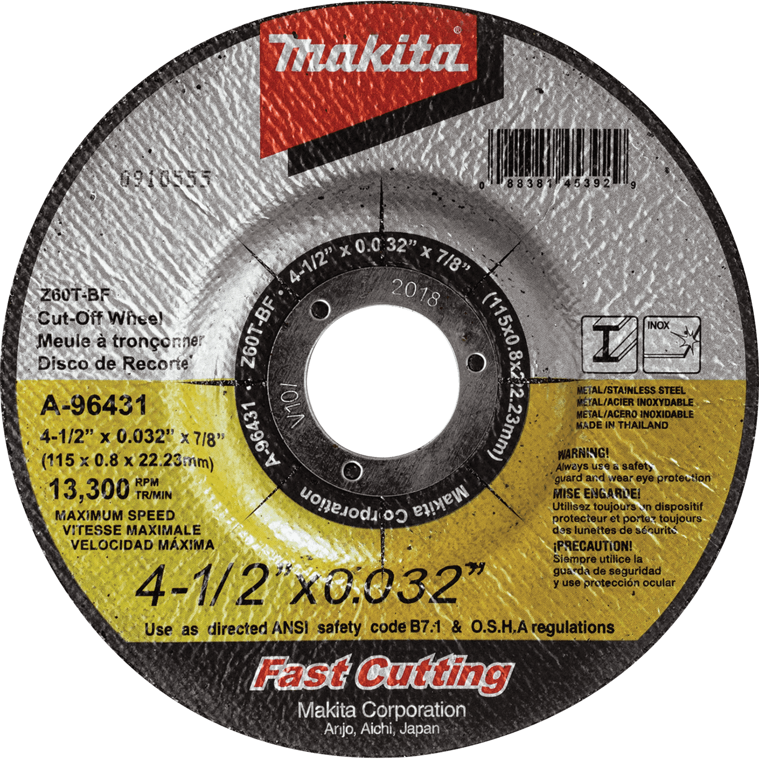 Picture of 4-1/2" x .032" x 7/8" Depressed Center Ultra Thin Cut-Off Wheel, Stainless