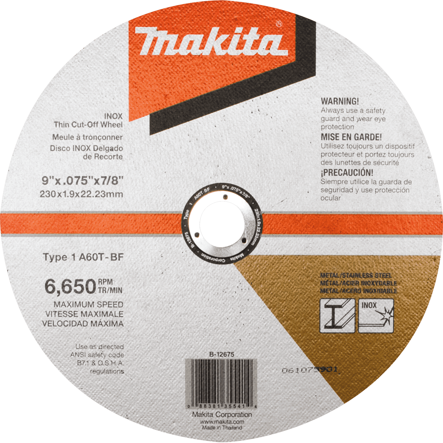 Picture of 9" x .075" x 7/8" INOX Thin Cut-Off Wheel, 60 Grit