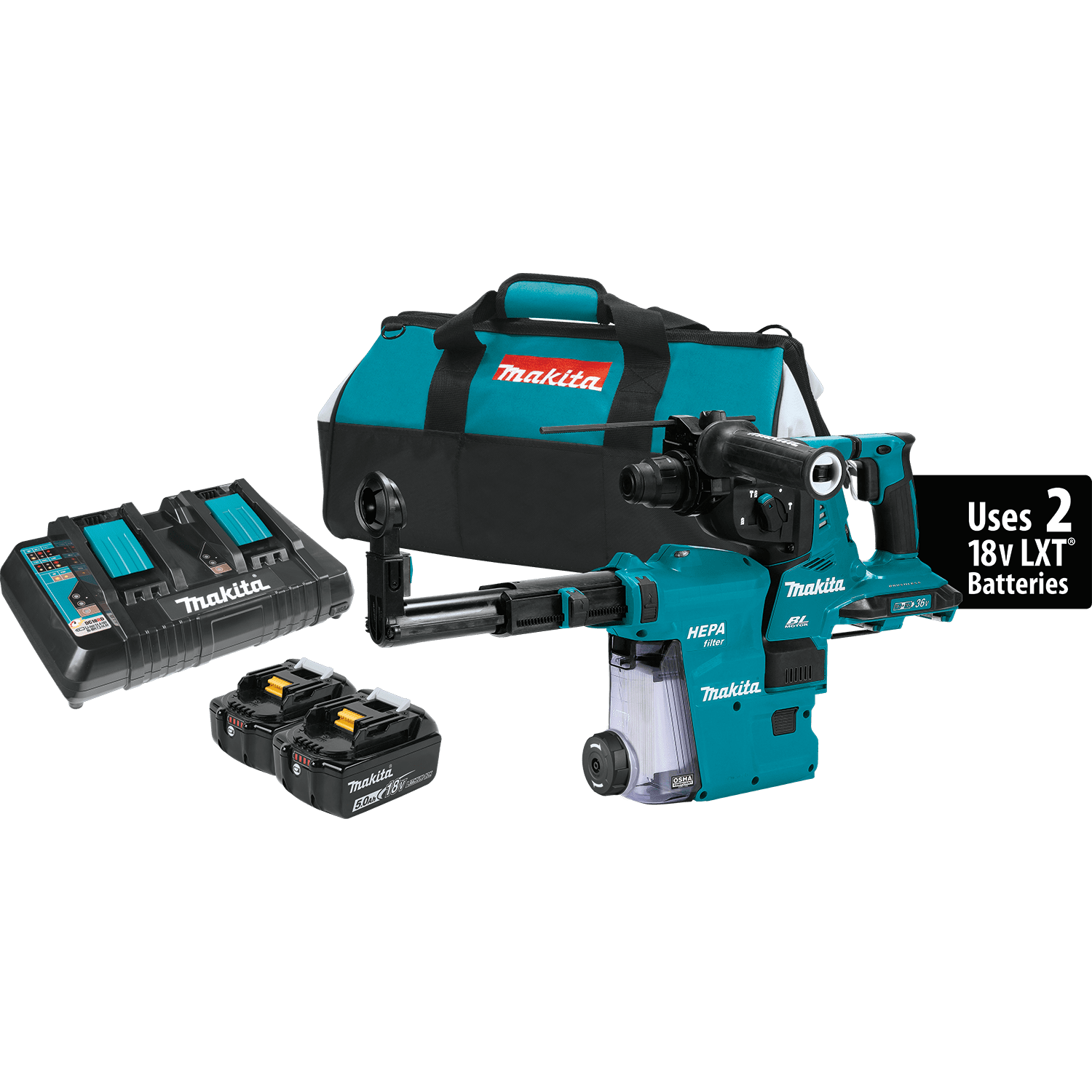 Picture of 18V X2 LXT (36V) Brushless Cordless 1-1/8" AVT Rotary Hammer Kit, accepts SDS-PLUS bits w/ HEPA Dust Extractor (5.0Ah)