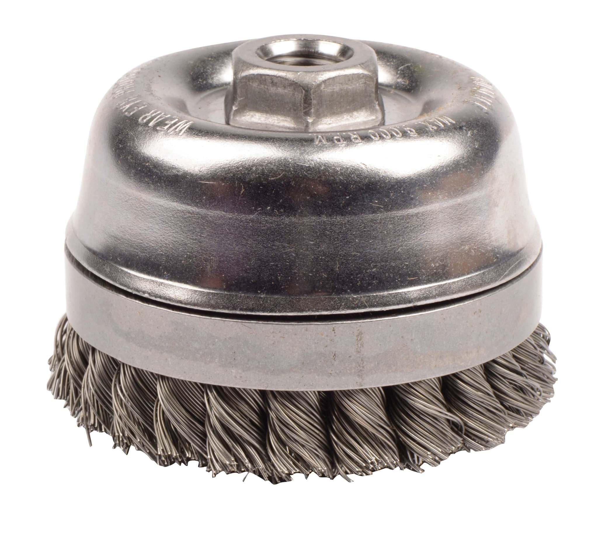 Picture of 4" Double Row Knot Wire Cup Brush, Banded .020" Steel Fill, 5/8"-11 UNC Nut