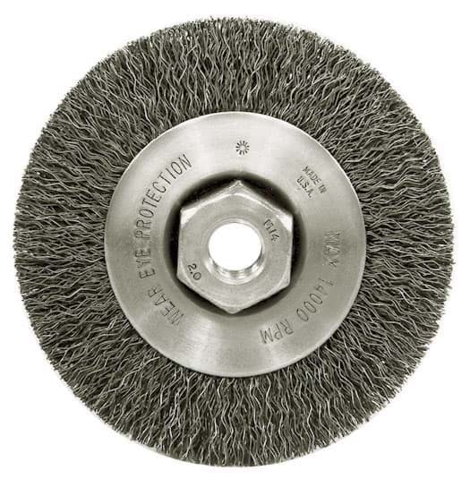 Picture of 4" Narrow Face Crimped Wire Wheel, .014" Steel Fill, 3/8"-24 UNF Nut