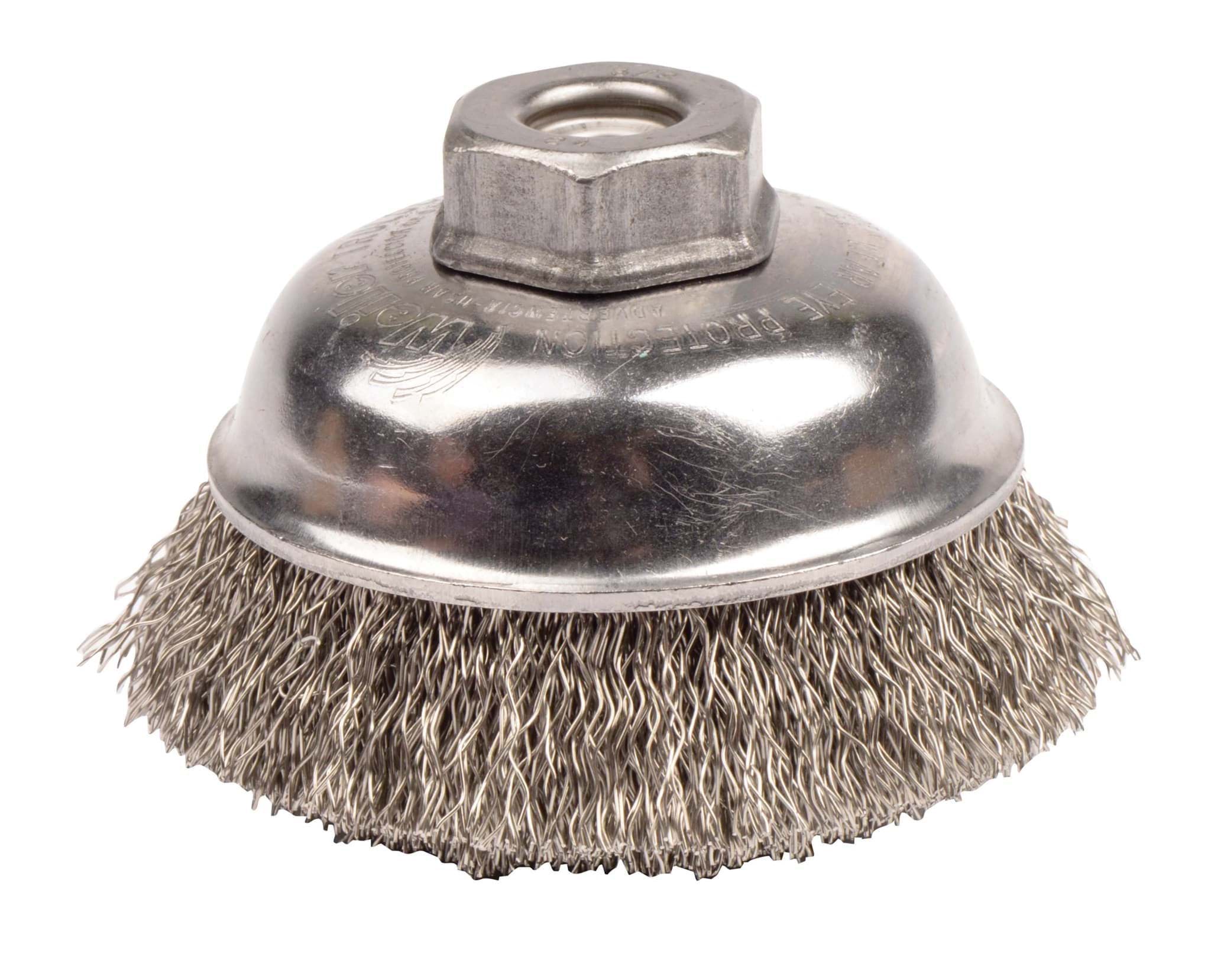 Picture of 3-1/2" Crimped Wire Cup Brush, .014" Stainless Steel Fill, 3/8"-24 UNF Nut