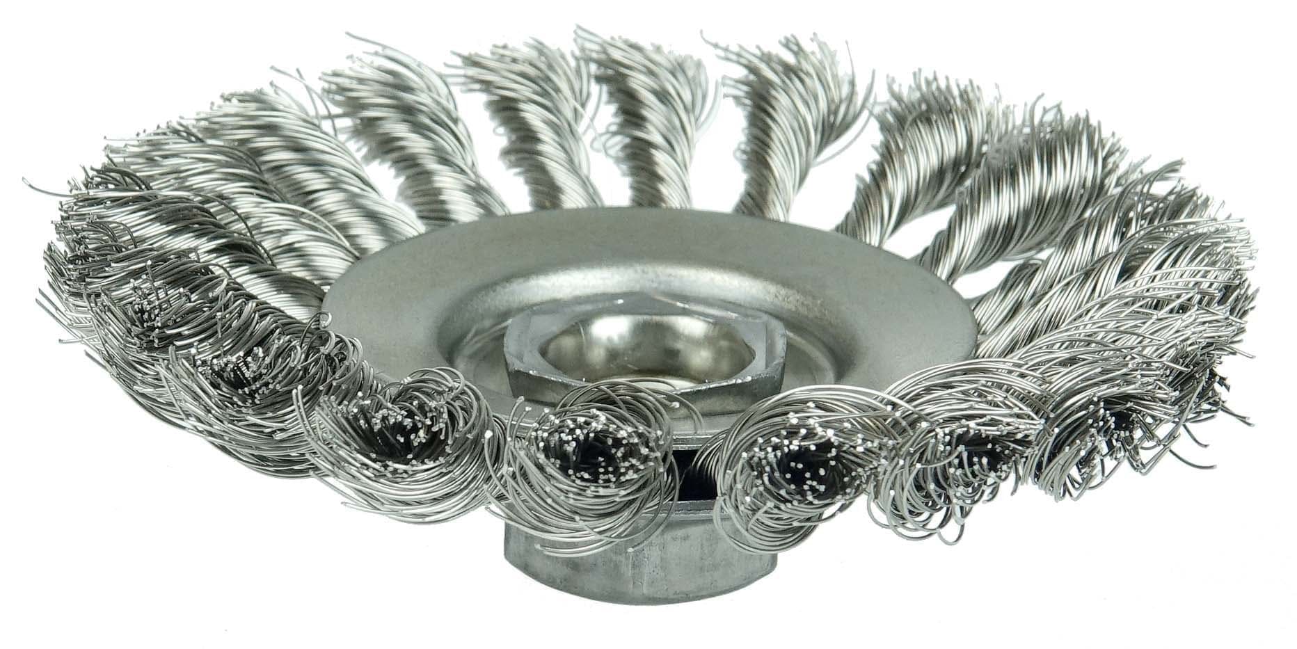Picture of Knot Wire Bevel Brush 4-1/2", .020" Stainless Steel Fill, 5/8"-11 UNC Nut