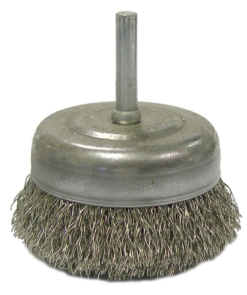 Picture of 2-1/2" Crimped Wire Utility Cup Brush, .014" Stainless Steel Fill, 1/4" Stem