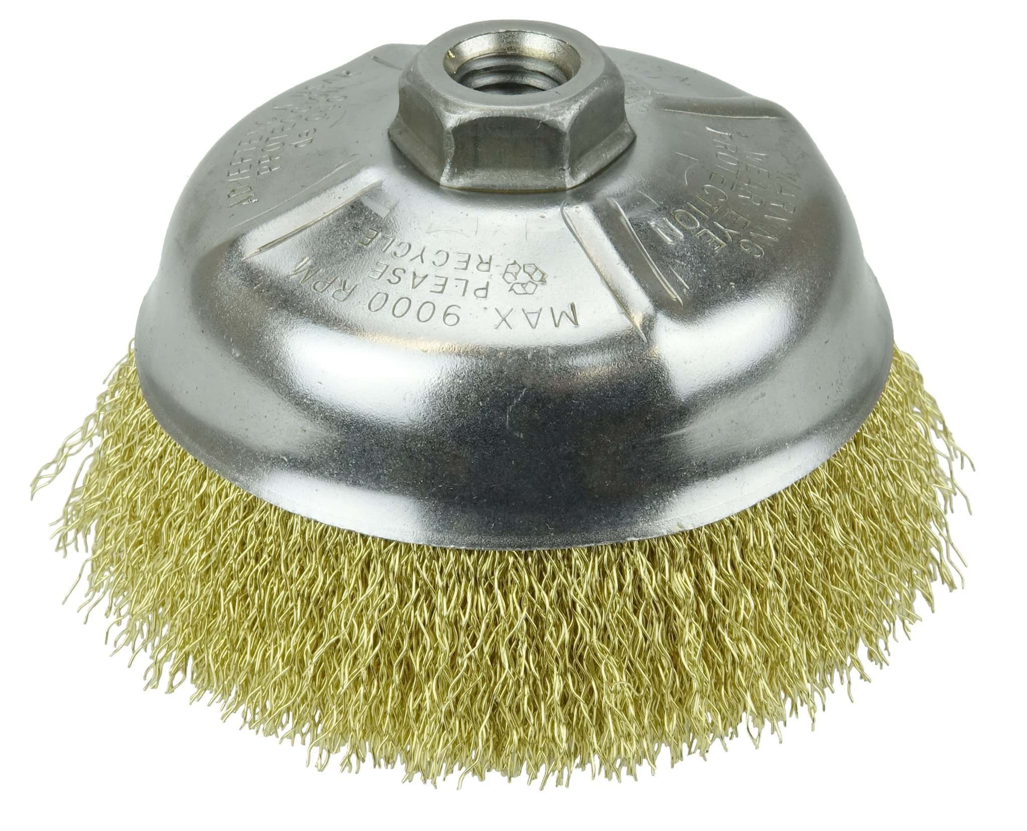 Picture of 5" Crimped Wire Cup Brush, .014" Brass Fill, 5/8"-11 UNC Nut