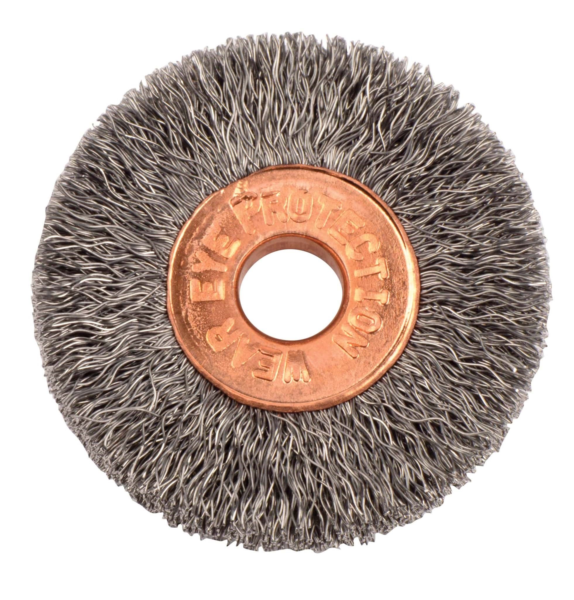 Picture of 1-1/4" Small Diameter Crimped Wire Wheel, .006" Stainless Steel Fill, 1/4" Arbor Hole