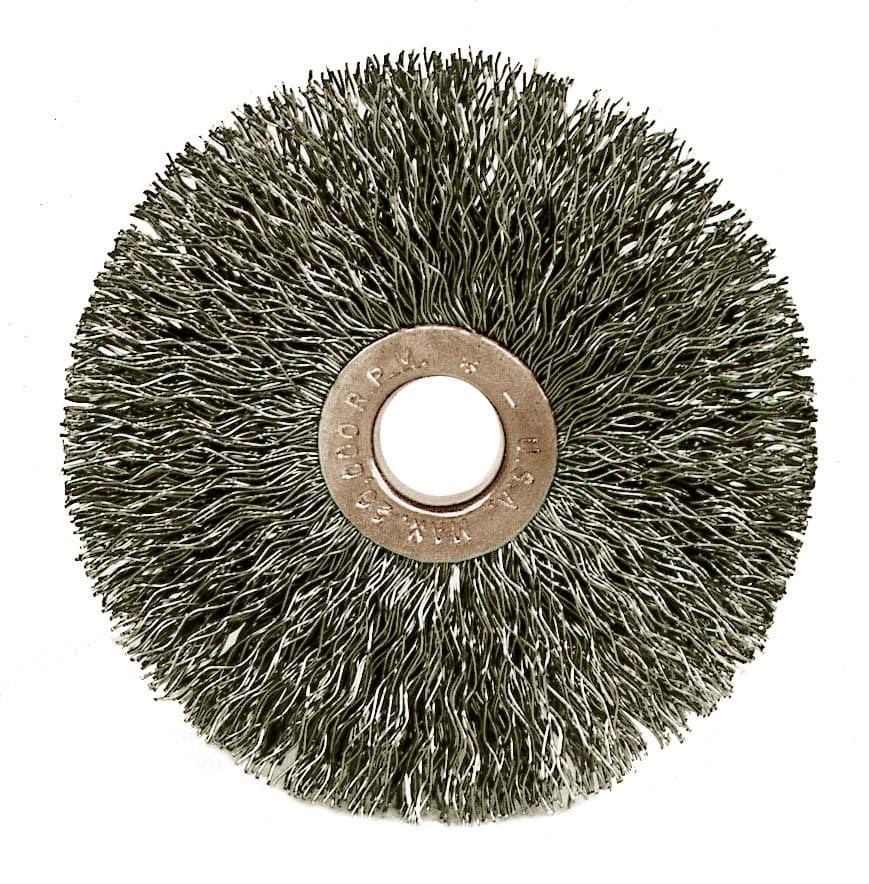 Picture of 3" Small Diameter Crimped Wire Wheel, .0118" Stainless Steel Fill, 1/2"-3/8" Arbor Hole