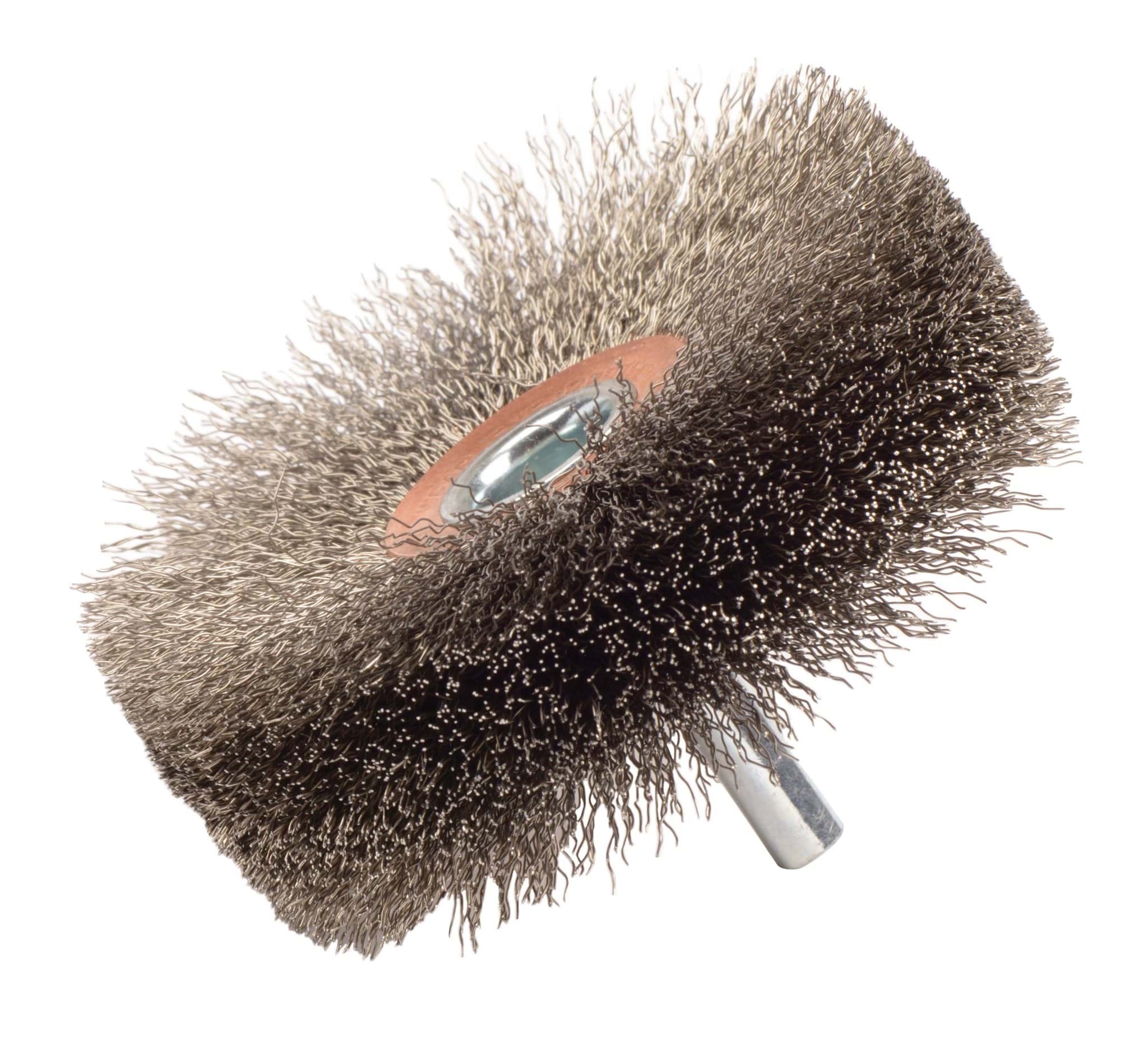 Picture of 3" Wide Face Stem-Mounted Crimped Wire Wheel, .008" Stainless Steel Fill, 1/4" Stem