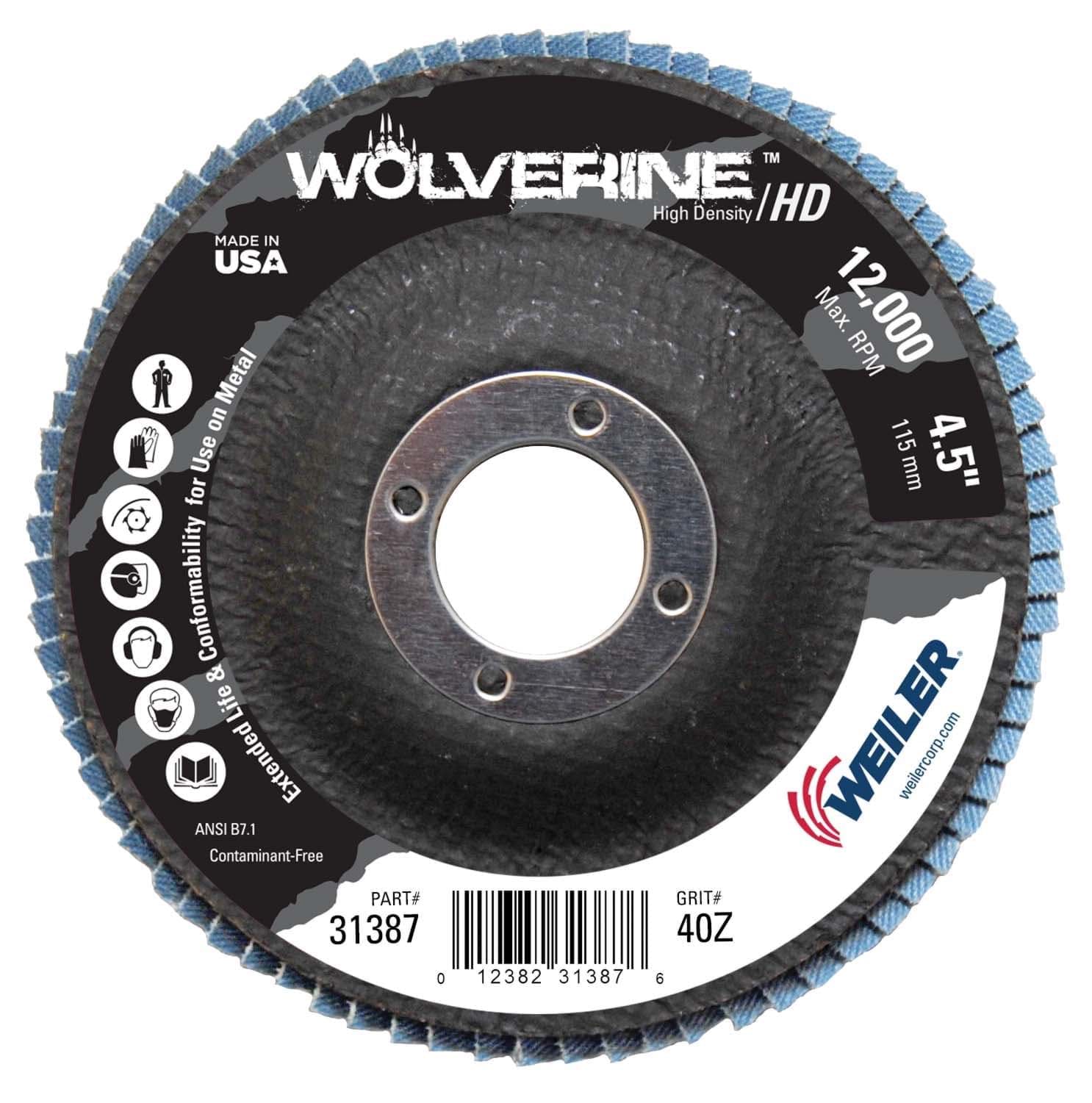 Picture of 4-1/2" Wolverine High Density Flap Disc, Flat (TY27), Phenolic Backing, 40Z, 7/8" Arbor Hole