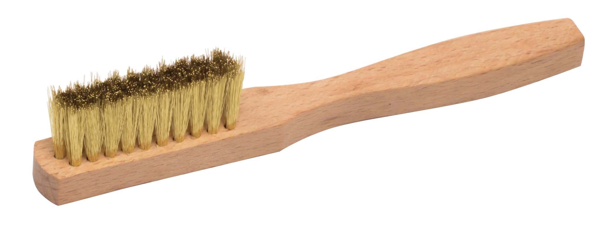 Picture of Small Hand Wire Scratch Brush, Crimped Brass Fill, Wood Block, 3 x 10 Rows