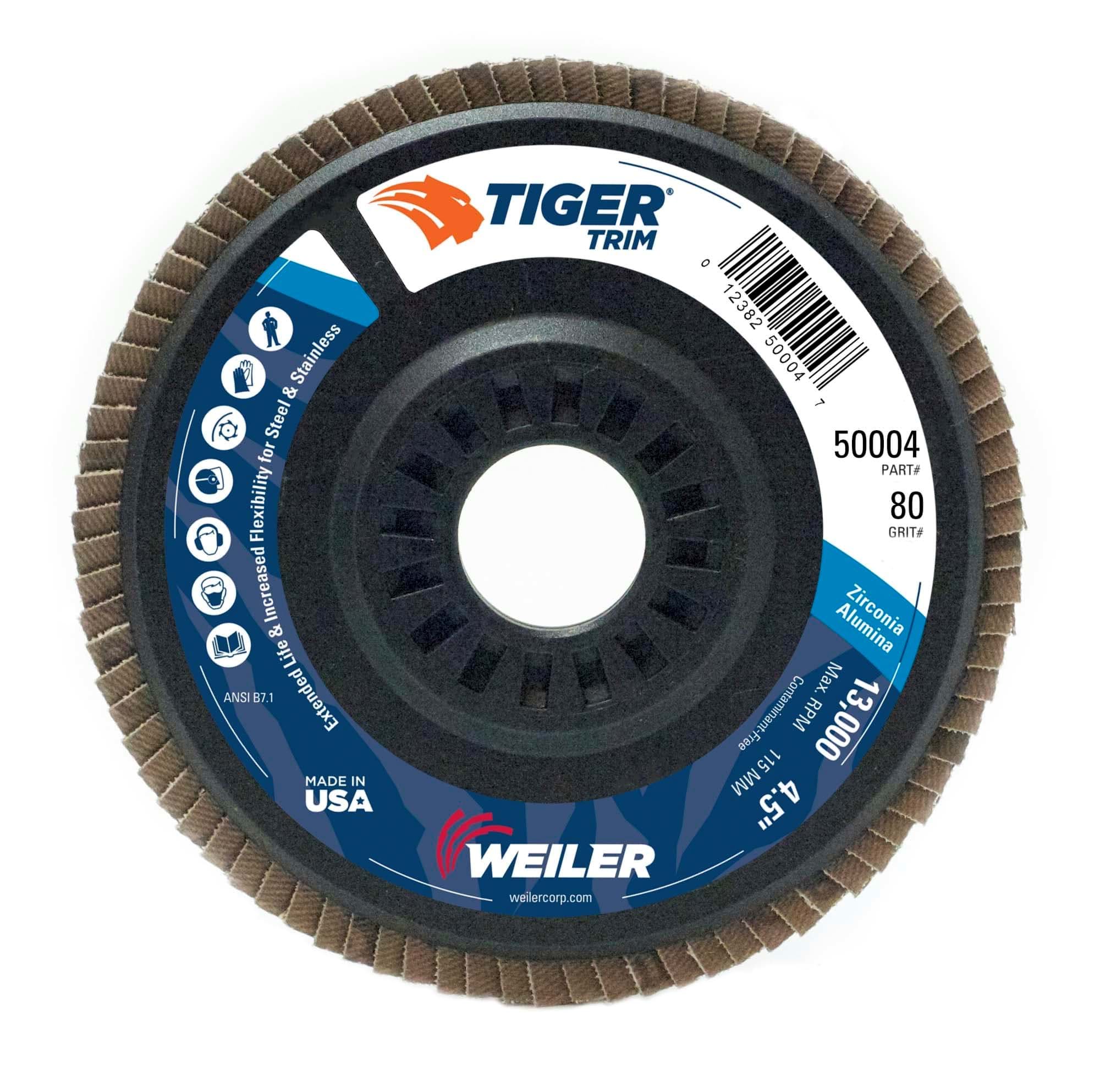 Picture of 4-1/2" Tiger Trim Abrasive Flap Disc, Conical (TY29), Trimmable Backing, 80Z, 7/8" Arbor Hole