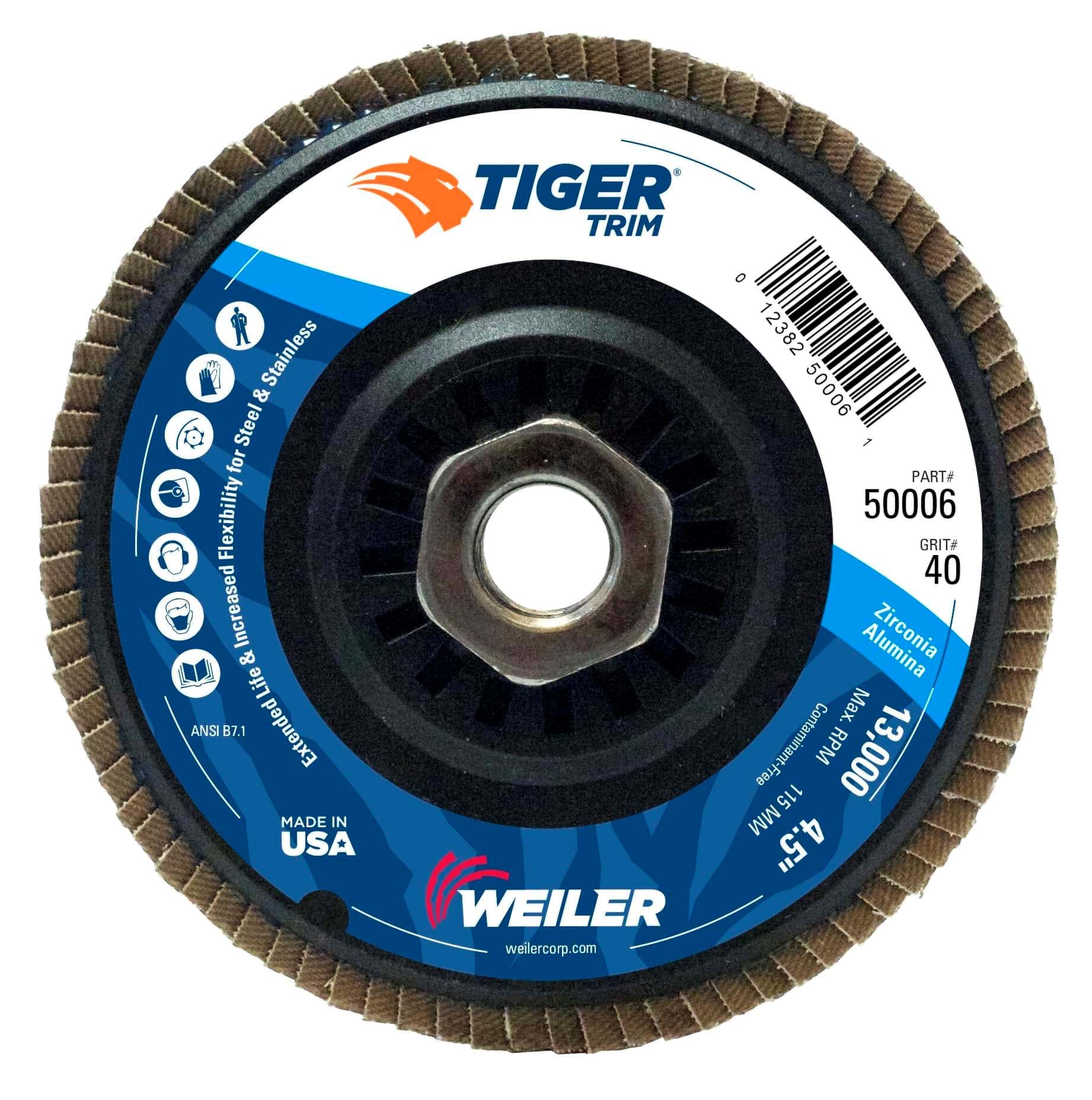 Picture of 4-1/2" Tiger Trim Abrasive Flap Disc, Conical (TY29), Trimmable Backing, 40Z, 5/8"-11 UNC Nut