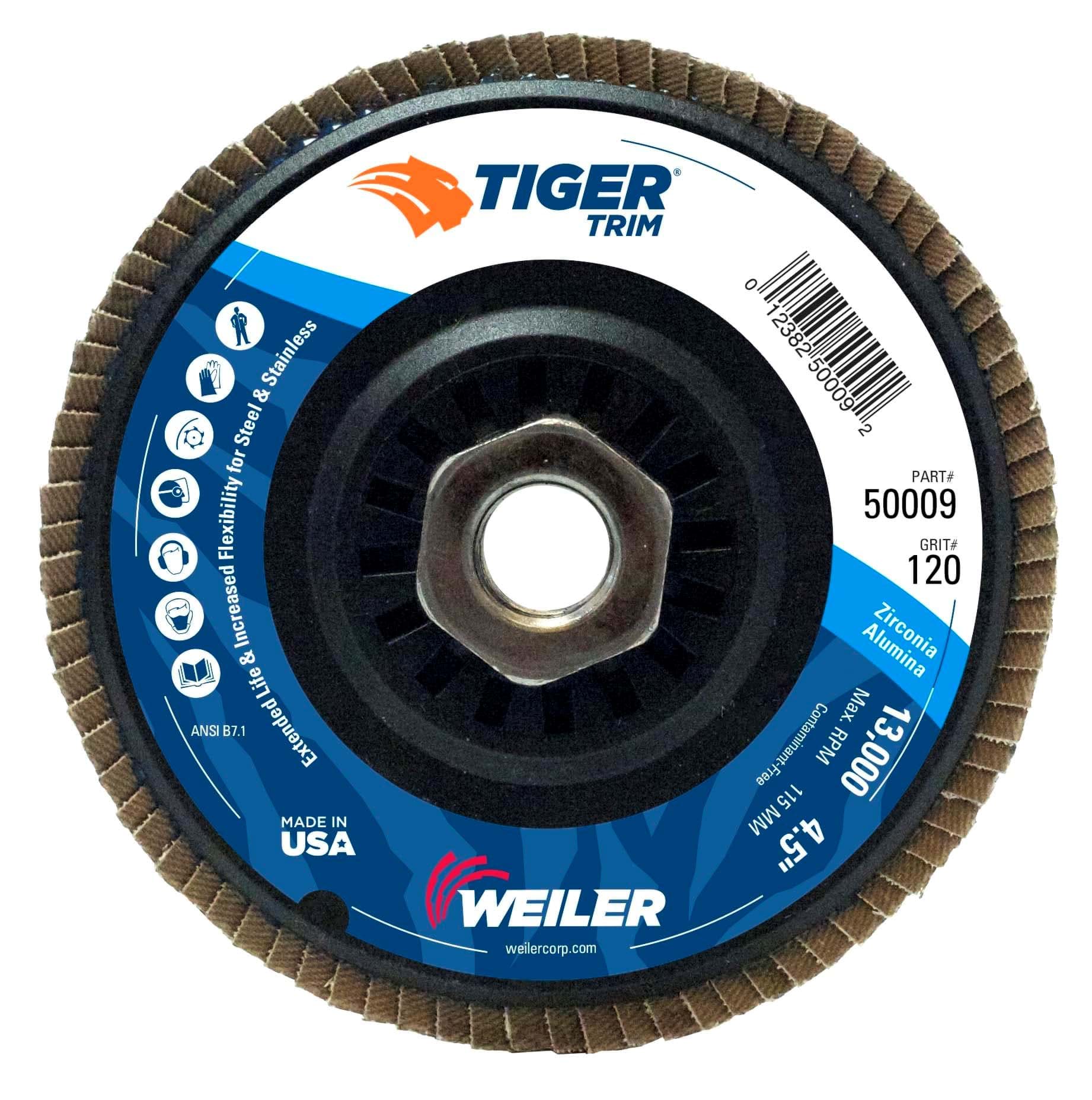 Picture of 4-1/2" Tiger Trim Abrasive Flap Disc, Conical (TY29), Trimmable Backing, 120Z, 5/8"-11 UNC Nut