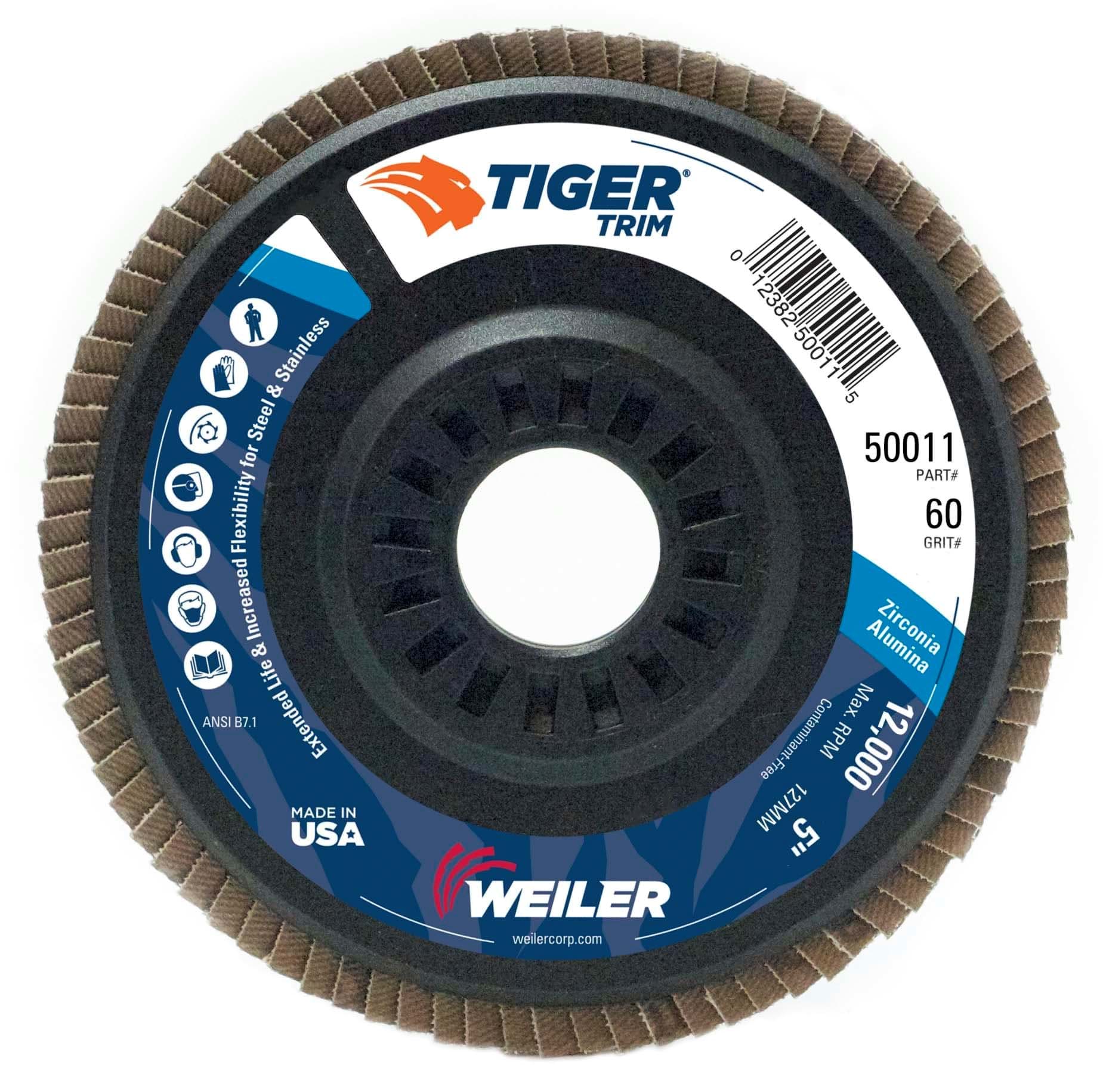 Picture of 5" Tiger Trim Abrasive Flap Disc, Conical (TY29), Trimmable Backing, 60Z, 7/8" Arbor Hole