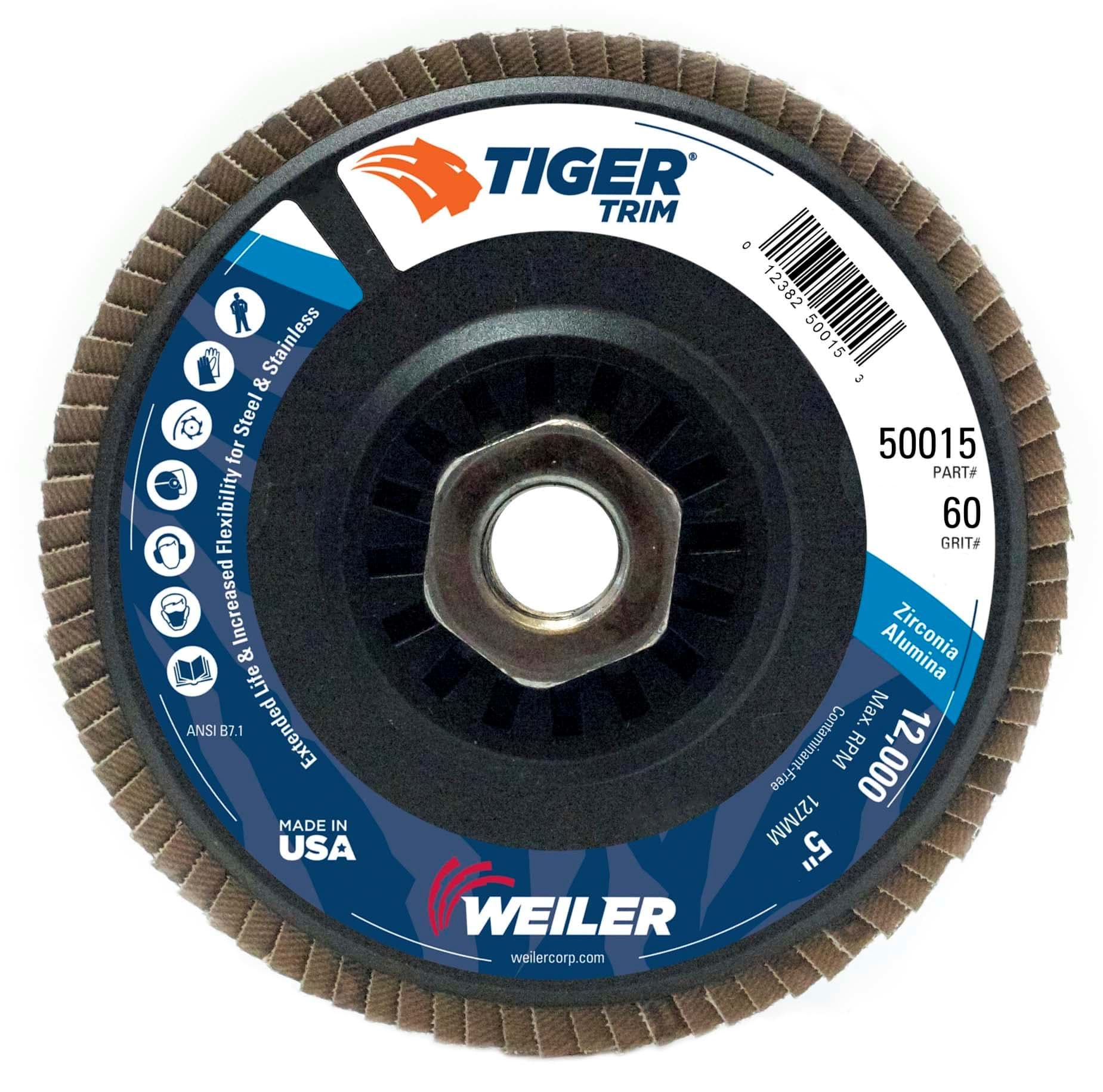 Picture of 5" Tiger Trim Abrasive Flap Disc, Conical (TY29), Trimmable Backing, 60Z, 5/8"-11 UNC Nut