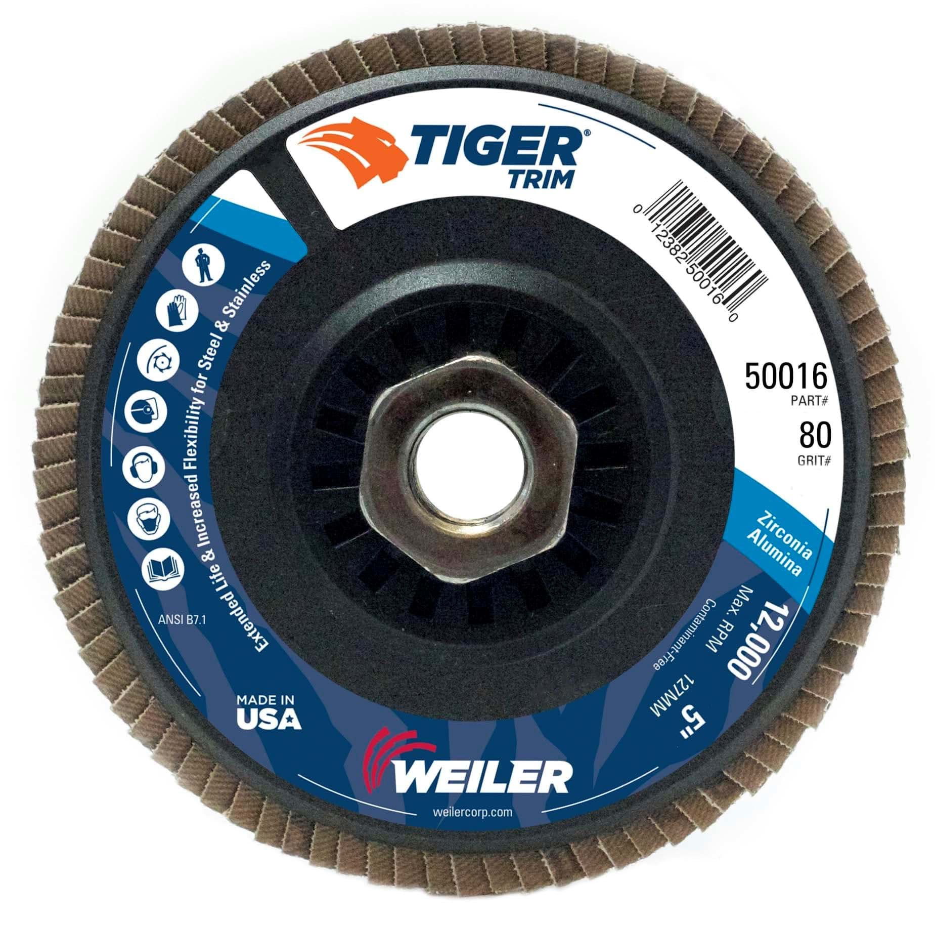 Picture of 5" Tiger Trim Abrasive Flap Disc, Conical (TY29), Trimmable Backing, 80Z, 5/8"-11 UNC Nut