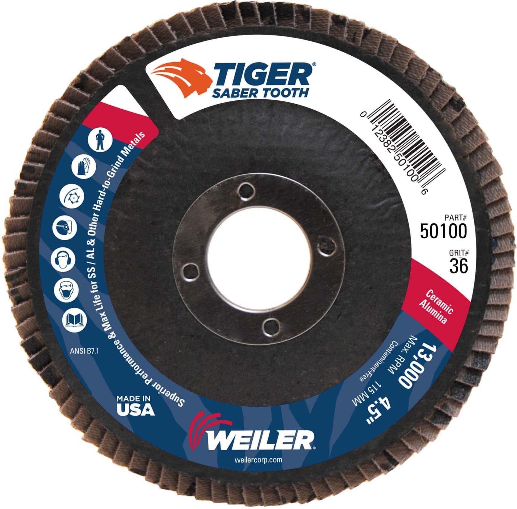 Picture of 4-1/2" Tiger Ceramic Abrasive Flap Disc, Conical (TY29), Phenolic Backing, 36C, 7/8" Arbor Hole