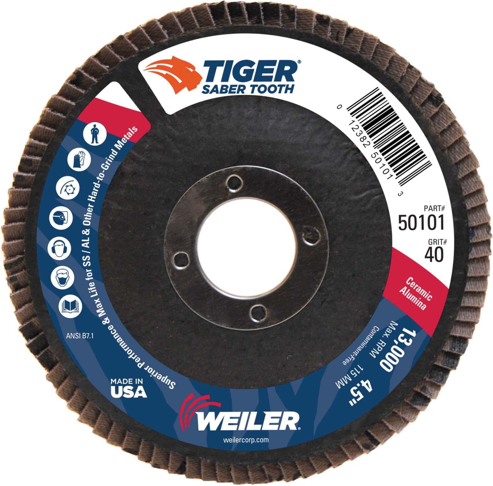 Picture of 4-1/2" Tiger Ceramic Abrasive Flap Disc, Conical (TY29), Phenolic Backing, 40C, 7/8" Arbor Hole