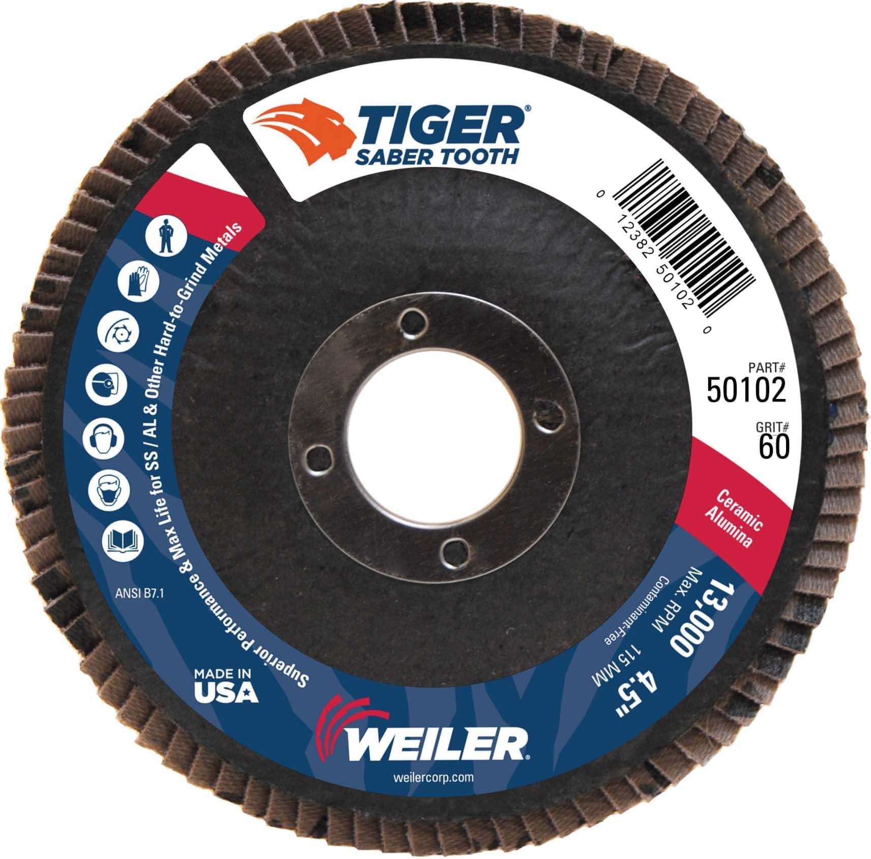 Picture of 4-1/2" Tiger Ceramic Abrasive Flap Disc, Conical (TY29), Phenolic Backing, 60C, 7/8" Arbor Hole