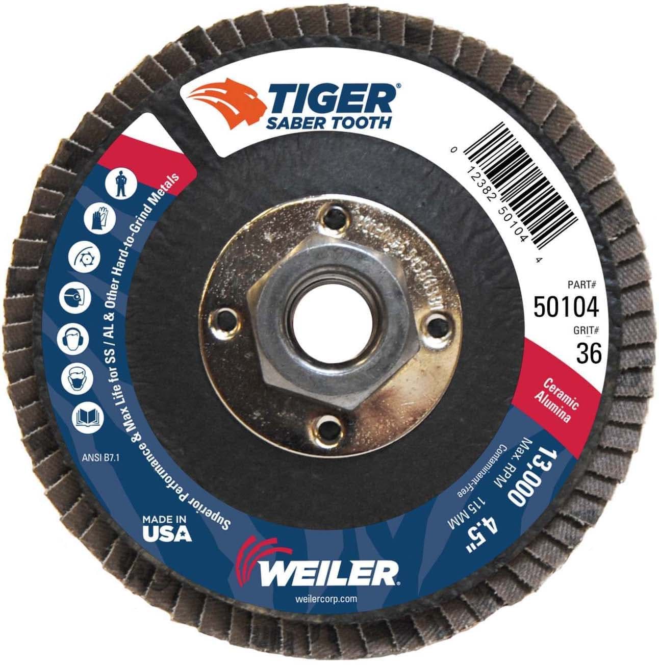 Picture of 4-1/2" Tiger Ceramic Abrasive Flap Disc, Conical (TY29), Phenolic Back,36C, 5/8"-11 UNC Nut