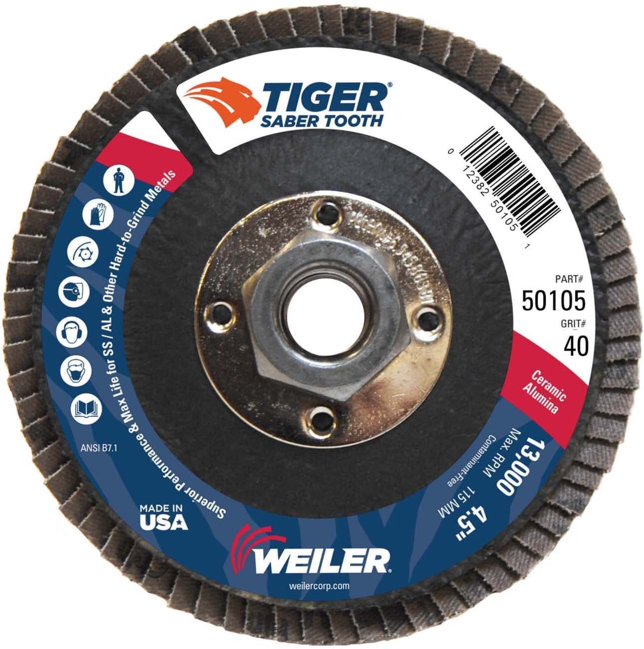 Picture of 4-1/2" Tiger Ceramic Abrasive Flap Disc, Conical (TY29), Phenolic Back,40C, 5/8"-11 UNC Nut